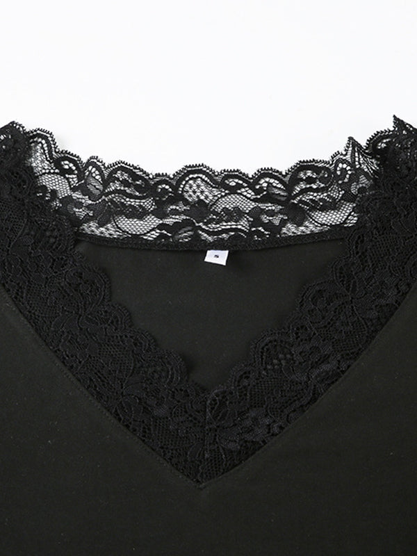 Classic black long sleeve shirt with V neck and lace embroidery