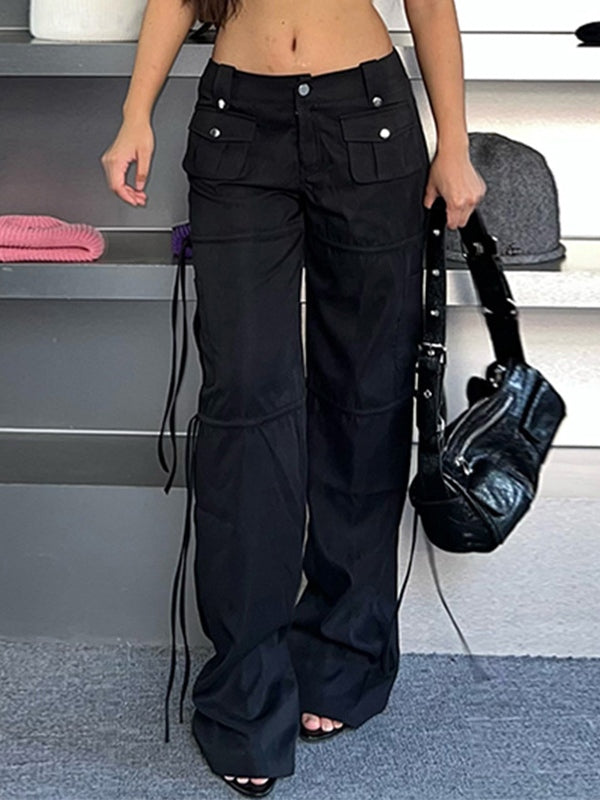 Black Hip Hop Low Waist Cargo Pants with Pockets and Ribbons