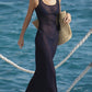 Blaues Y2k See Through Mesh Urlaubs Maxi Kleid