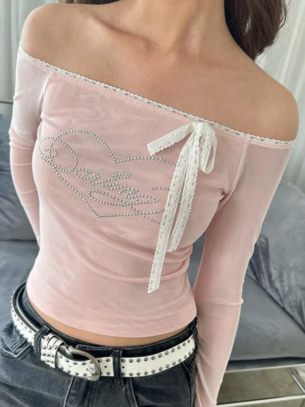 Vintage Lace Off Shoulder Heart Rhinestone Long Sleeve Shirt 