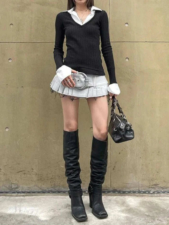 Y2K Turtleneck Mock Two Piece Long Sleeve Knit Top