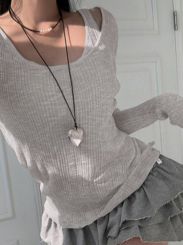 Grey Vintage Rib Two Piece Long Sleeve Knit Top