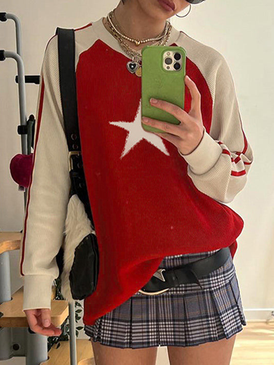 Contrast Vintage Oversize Star Raglan Sweater