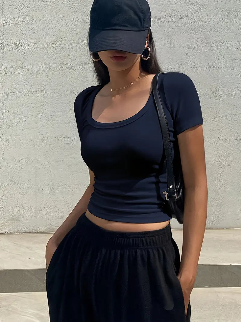 Navy Blue Y2K Crew Neck Crop Top 