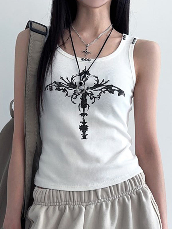 White Gothic Print Studded Tank Top