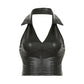 Black Y2k V-neck leather halter vest with chest slit