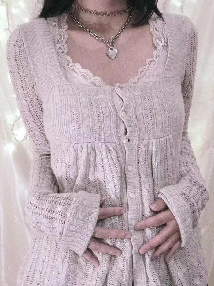 Beige Vintage Pointelle Cardigan with Square Neckline