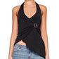 Black Asymmetrical Backless Halter Top with V-Neck