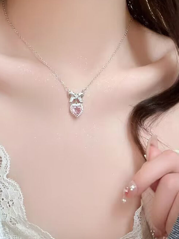 Pink Y2K Glitter Bow Heart Pendant Necklace