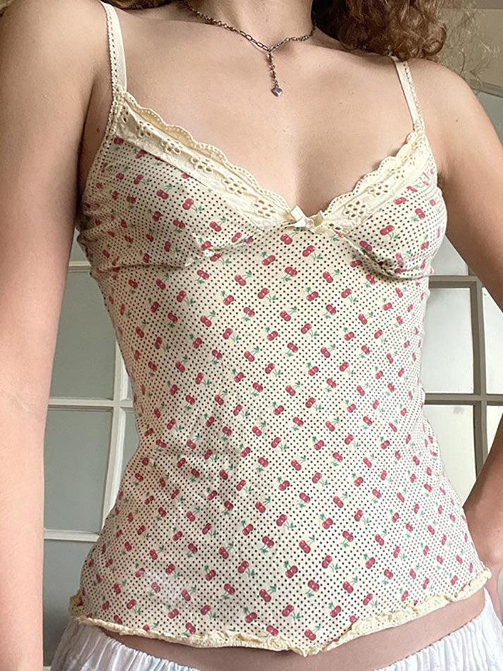 Bow lace tank top with cherry print