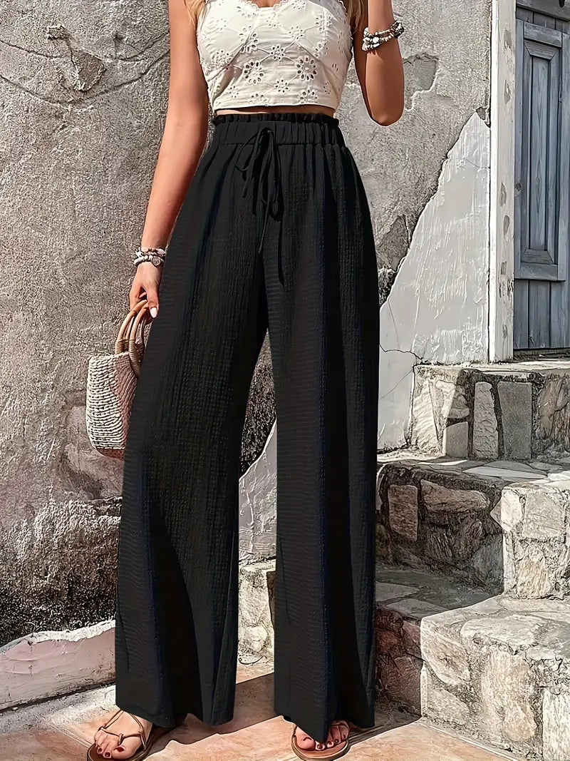 Solid Color Casual Drawstring High Waist Pants 