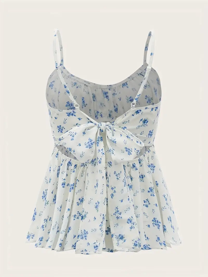 Vintage Floral Print Back Tie Cami Top