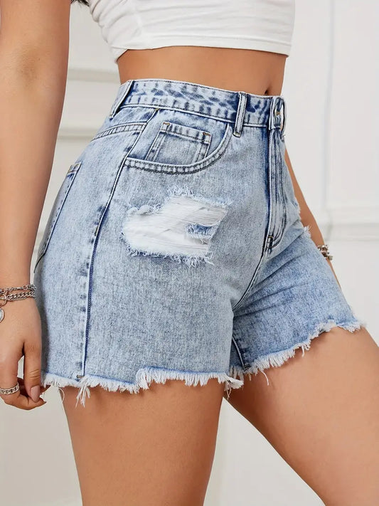 Ripped Raw Hem Denim Shorts with Washed