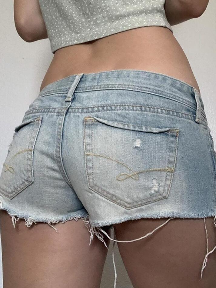 Blue Vintage Low Rise Fringed Denim Shorts