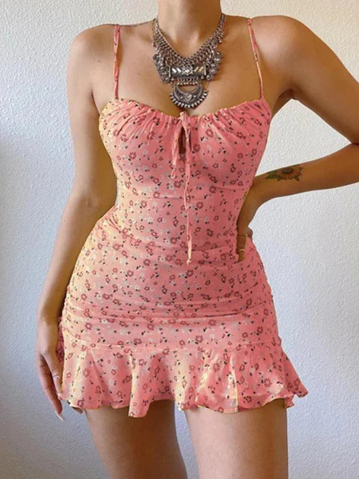 French Floral Strappy Mini Dress with Cutout