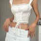 White Y2K Square Neck Lace Splice Tie Front Tank Top/White Y2K Square Neck Lace Splice Tie Front Tank Top