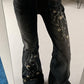 Black vintage slim fit flared jeans with floral embroidery