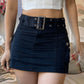 Black vintage denim cargo mini skirt with buckle belt