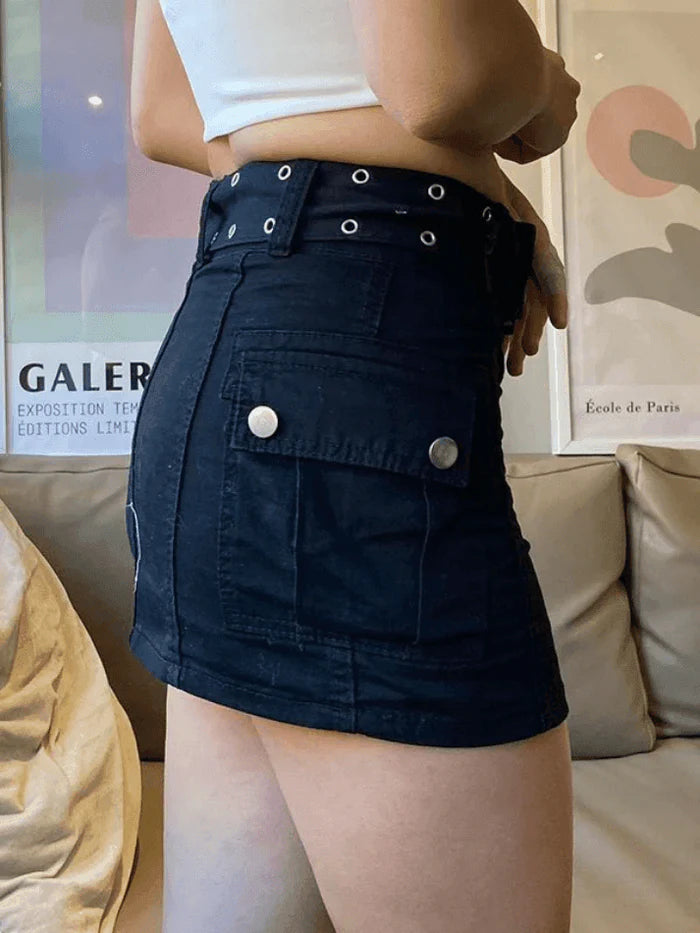 Black vintage denim cargo mini skirt with buckle belt