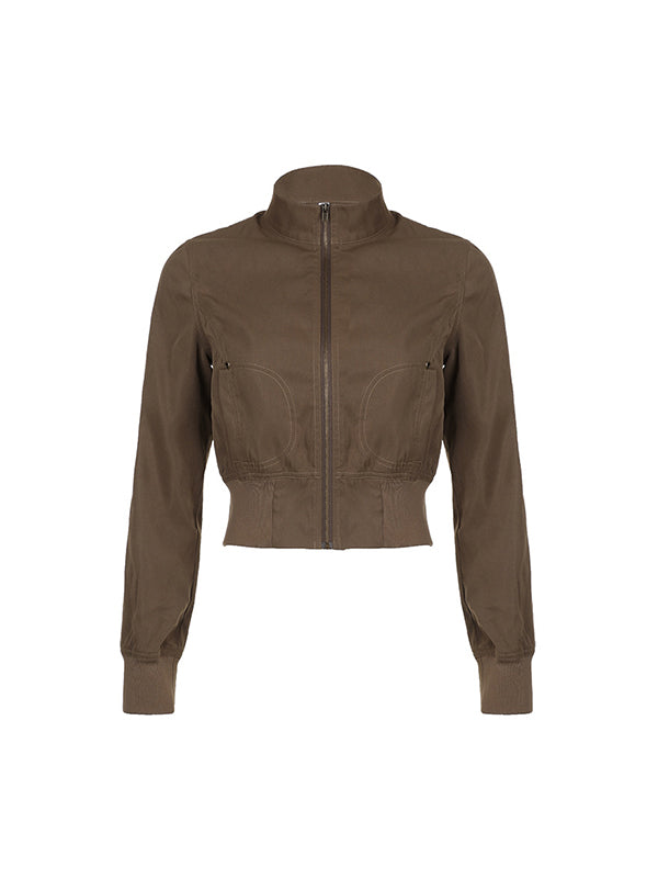 Brown Y2K Zipper High Collar Slimming Jacket