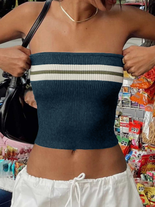 Vintage Dark Blue Knit Striped Bandeau Crop Top