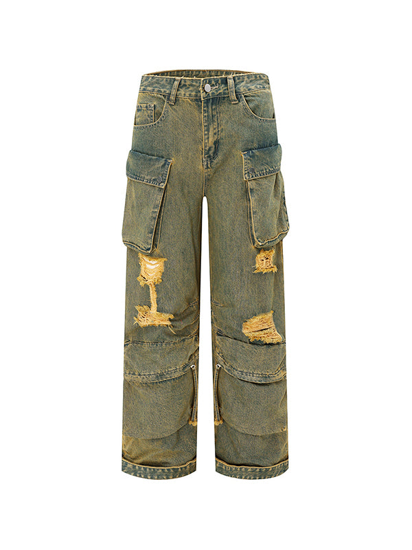 Vintage washed cargo jeans with holes