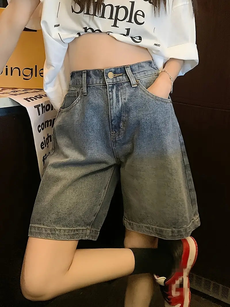 Blue Retro High Waist Denim Shorts with Wide Leg