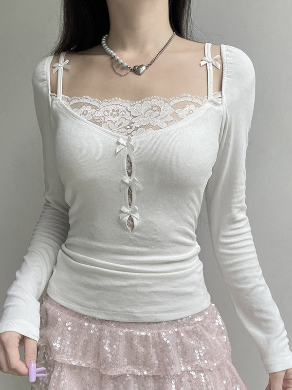 White Lace Stitching Bow Neck Long Sleeve Knit