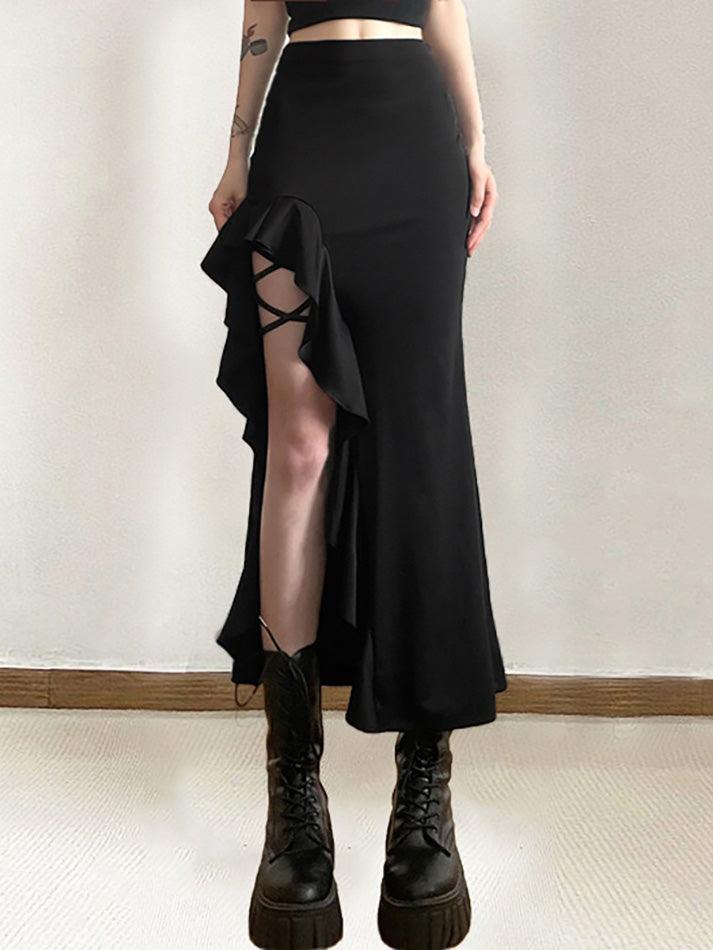 Black High Waist Irregular Split Goth Skirt