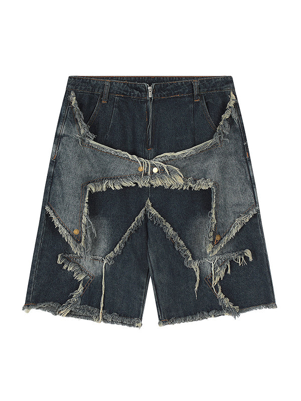 Vintage baggy star pattern patchwork denim shorts