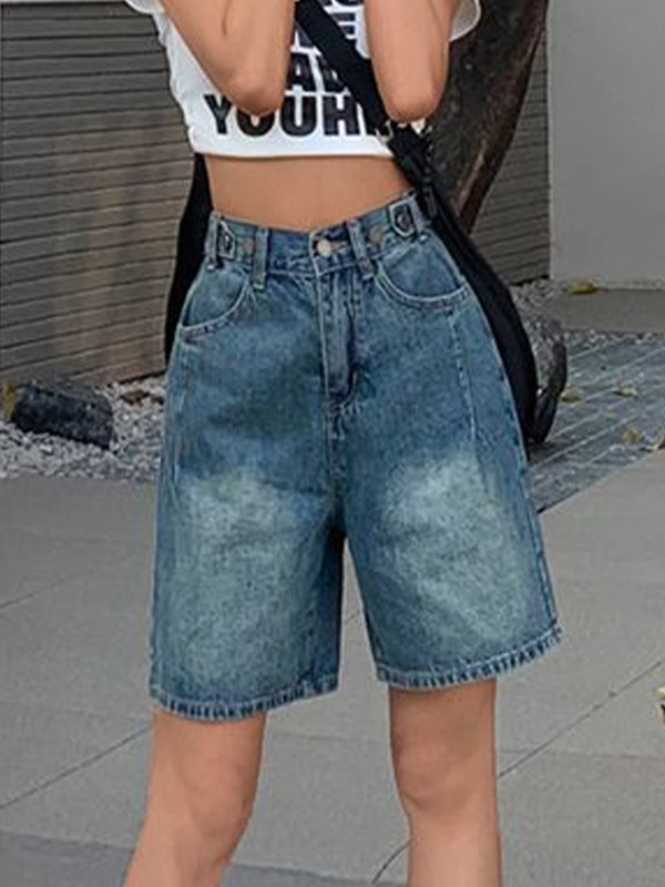 Blue vintage crop denim shorts with wash effect