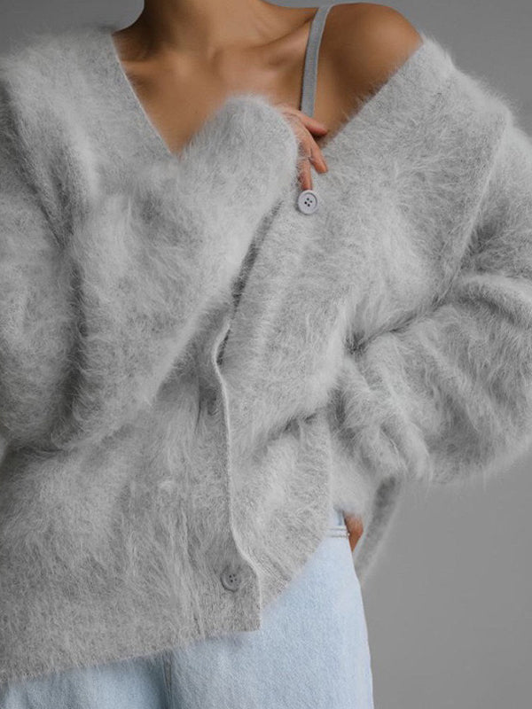 90s Gray Imitation Mink Knit Sweater Cardigan