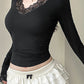 Classic black long sleeve shirt with V neck and lace embroidery