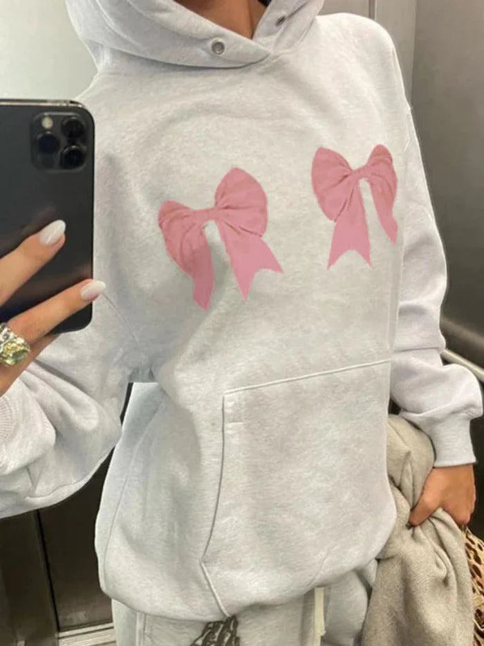 Grey Y2K oversized bow print drawstring hoodie