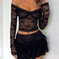 Black Vintage Lace Off Shoulder Long Sleeve T-Shirt &amp; Tiered Mini Skirt Set