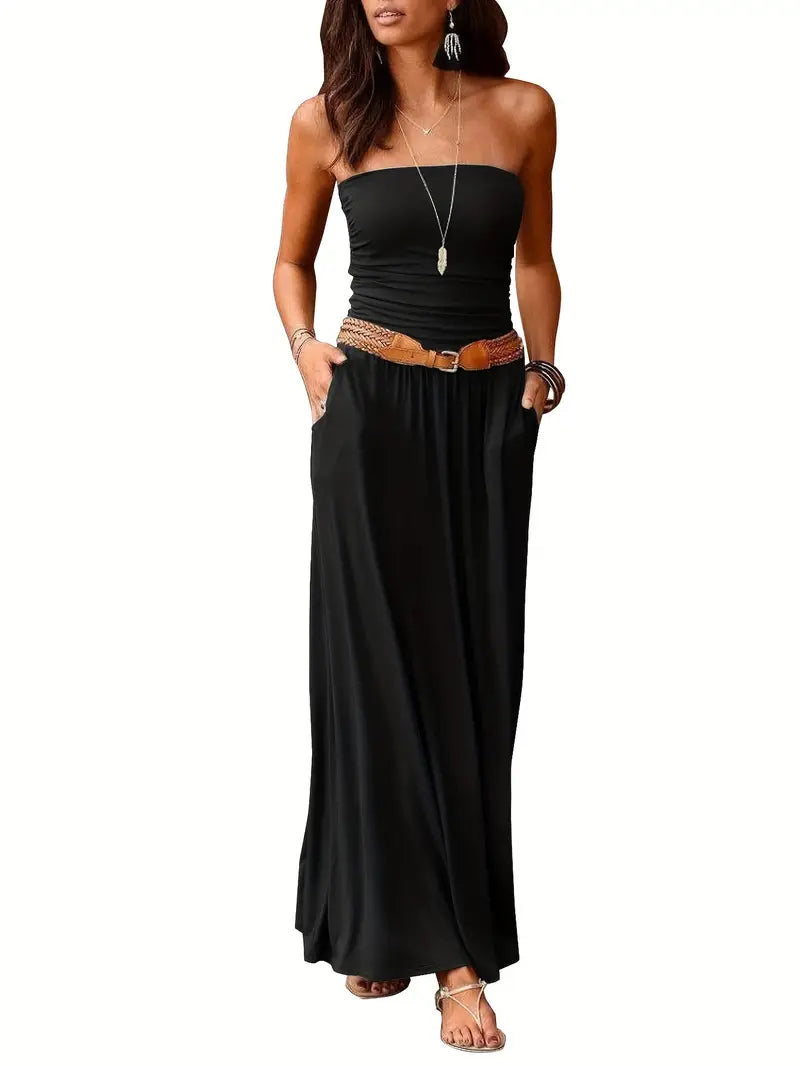 Vintage Solid Versatile Strapless Maxi Dress with Pockets