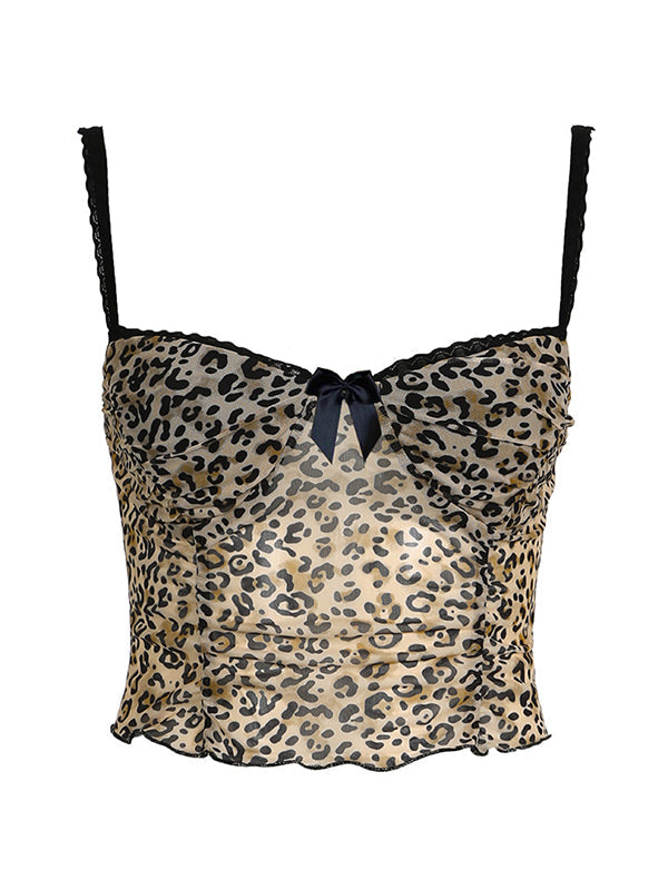 Vintage Bow Lace Splice Leopard Print Cami Top