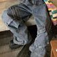 Blue Hip Hop Washed Irregular Pockets Splice Cargo Jeans