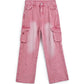 Pink Y2K Multi Pocket Ripped Cargo Jeans with Faded Effect