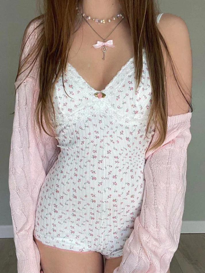 White Sweet Floral Print Lace Trim V-Neck Jumpsuit