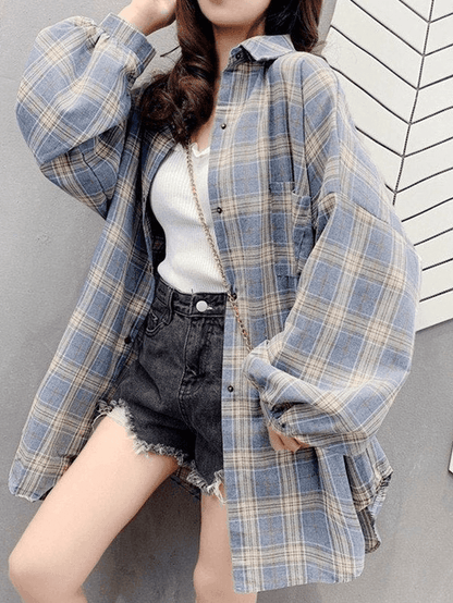 Vintage Checkered Oversize Long Sleeve Blouse with Buttons