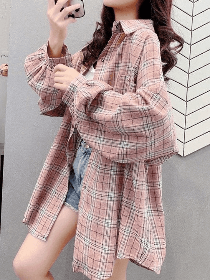 Vintage Checkered Oversize Long Sleeve Blouse with Buttons