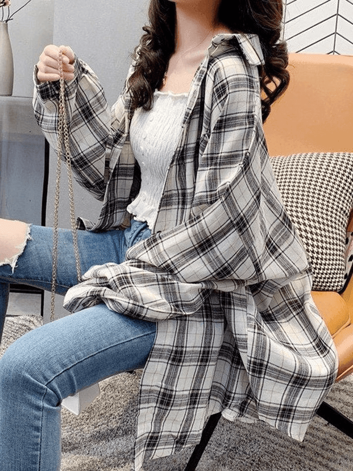 Vintage Checkered Oversize Long Sleeve Blouse with Buttons