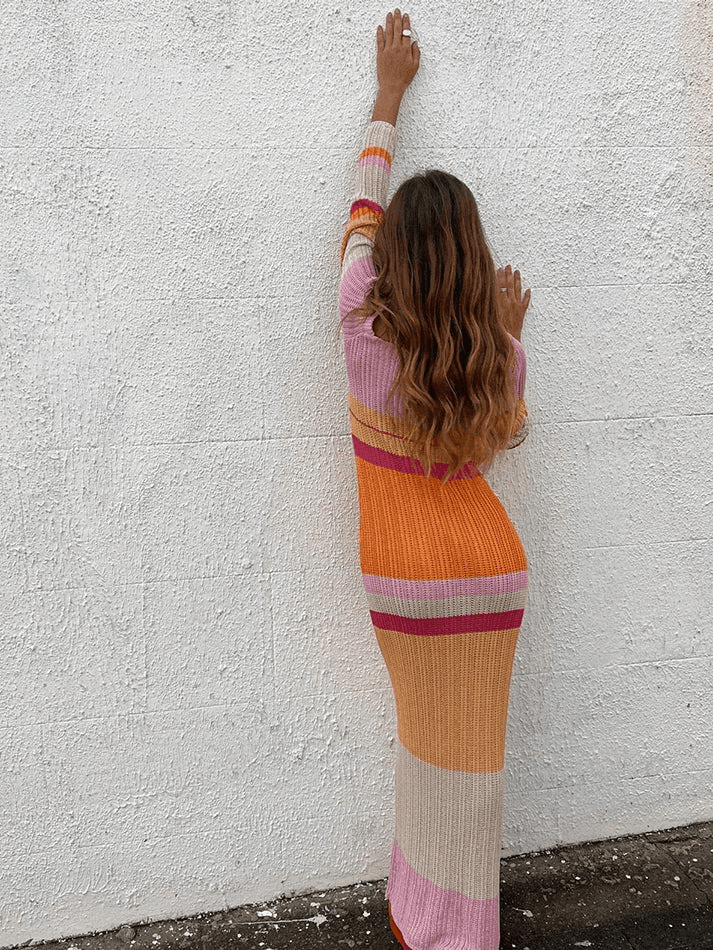 Cute Colorblock Stripe Knit Maxi Dress