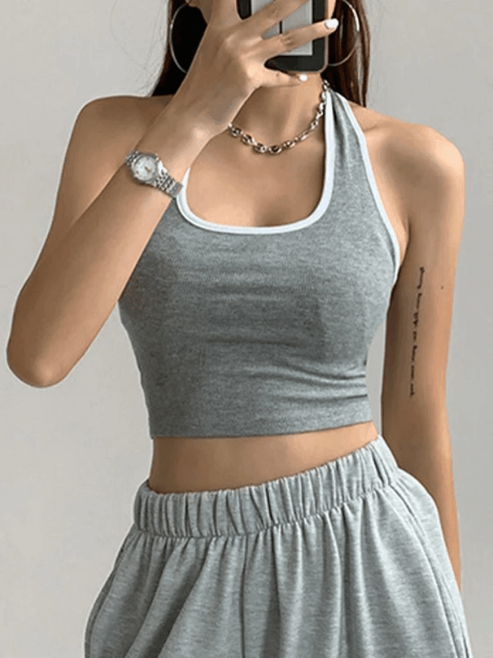 Contrast Color Vintage Trim Cropped Halter Tank Top