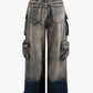 Ombre Punk Wide Leg Cargo Jeans with Multi Pockets