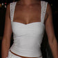 White Vintage Lace Inserts Ruched Tank Top with Backless Design