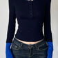 90s Blue Color Block Long Sleeve T-Shirt with Stitching