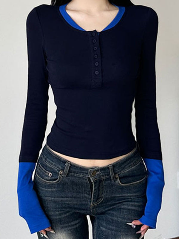 90s Blue Color Block Long Sleeve T-Shirt with Stitching