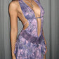 Y2k Purple Mini Plunge Neck Dress with Lace and Print